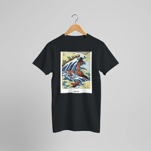 The Yoshitsune horse-washing falls at Yoshino, Izumi Province (1833-1834) by Hokusai. Custom Print on a 100% Airlume Combed and Ring-Spun Cotton Unisex Crewneck T-shirt Optimised Aspect Ratio.