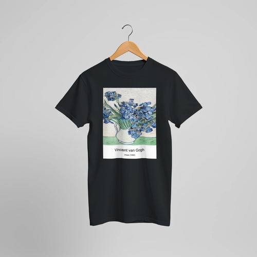 Irises (1890) by Vincent van Gogh. Custom Print on a 100% Airlume Combed and Ring-Spun Cotton Unisex Crewneck T-shirt Optimised Aspect Ratio.
