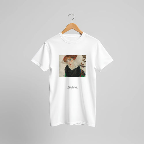 Portrait of Wally Neuzil (1912) by Egon Schiele. Custom Print on a 100% Airlume Combed and Ring-Spun Cotton Unisex Crewneck T-shirt Original Aspect Ratio