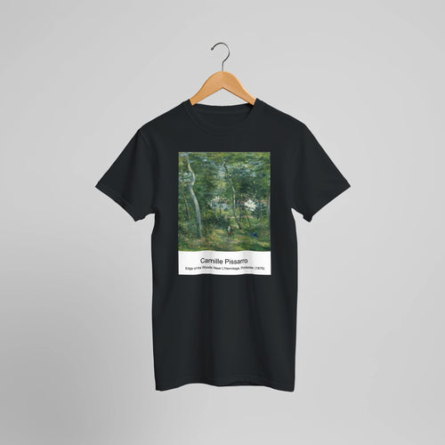 Edge of the Woods Near L'Hermitage, Pontoise (1879) by Camille Pissarro. Custom Print on a 100% Airlume Combed and Ring-Spun Cotton Unisex Crewneck T-shirt Optimised Aspect Ratio.