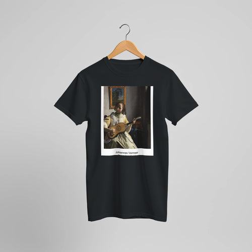 The Guitar Player (1670-1672) by Johannes Vermeer. Custom Print on a 100% Airlume Combed and Ring-Spun Cotton Unisex Crewneck T-shirt Optimised Aspect Ratio.