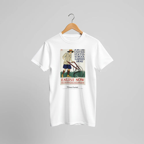 Join the United States school garden army-Enlist now (1918) by Edward Penfield. Custom Print on a 100% Airlume Combed and Ring-Spun Cotton Unisex Crewneck T-shirt Original Aspect Ratio