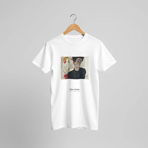 Self-Portrait with Physalis (1912) by Egon Schiele. Custom Print on a 100% Airlume Combed and Ring-Spun Cotton Unisex Crewneck T-shirt Original Aspect Ratio