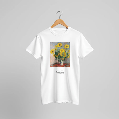 Bouquet of Sunflowers (1881) by Claude Monet. Custom Print on a 100% Airlume Combed and Ring-Spun Cotton Unisex Crewneck T-shirt Original Aspect Ratio