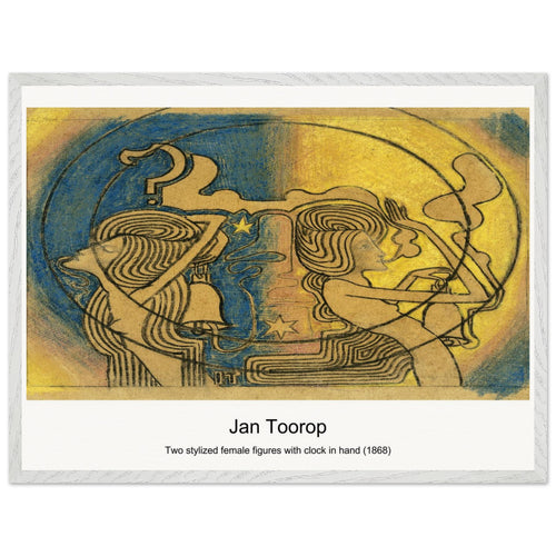 Two stylized female figures with clock in hand (1868) by Jan Toorop. Archival Print on Museum Quality Matte Paper. Premium Wood Framed Wall Art. Optimised Aspect Ratio.