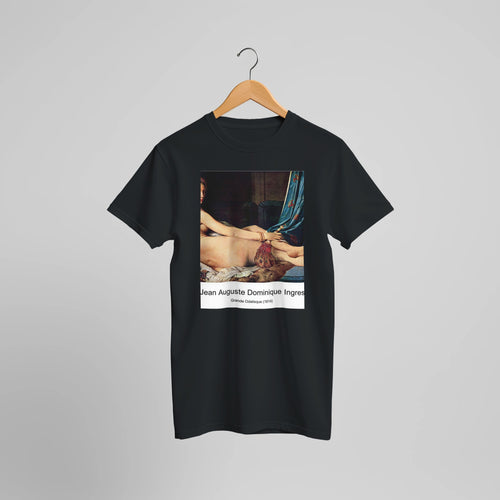 Grande Odalisque (1814) by Jean Auguste Dominique Ingres. Custom Print on a 100% Airlume Combed and Ring-Spun Cotton Unisex Crewneck T-shirt Optimised Aspect Ratio.
