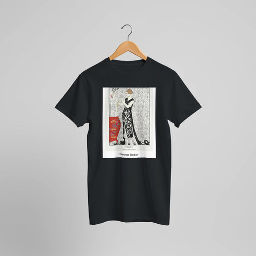 Fumée: Robe du soir, de Beer (1921) by George Barbier. Custom Print on a 100% Airlume Combed and Ring-Spun Cotton Unisex Crewneck T-shirt Optimised Aspect Ratio.