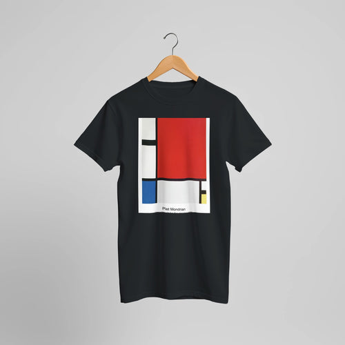 Composition with Red, Blue, and Yellow (1930) by Piet Mondrian. Custom Print on a 100% Airlume Combed and Ring-Spun Cotton Unisex Crewneck T-shirt Optimised Aspect Ratio.