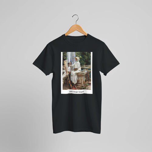 The Fountain, Villa Torlonia, Frascati, Italy (1907) by John Singer Sargent. Custom Print on a 100% Airlume Combed and Ring-Spun Cotton Unisex Crewneck T-shirt Optimised Aspect Ratio.