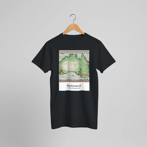 A Map of Australia (1930) by MacDonald Gill. Custom Print on a 100% Airlume Combed and Ring-Spun Cotton Unisex Crewneck T-shirt Optimised Aspect Ratio.