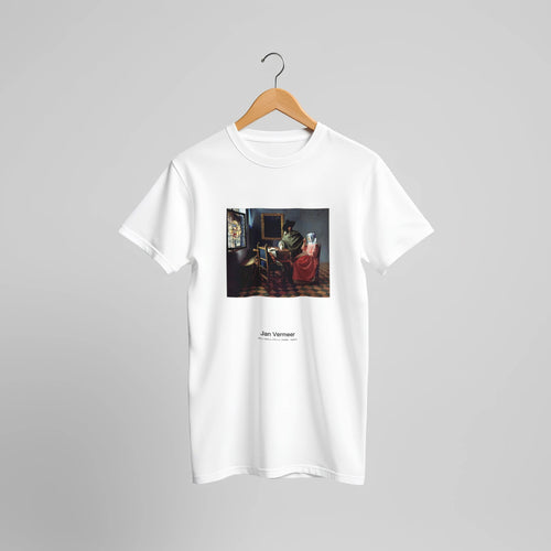 The Wine Glass (1658 -1660) by Jan Vermeer. Custom Print on a 100% Airlume Combed and Ring-Spun Cotton Unisex Crewneck T-shirt Original Aspect Ratio