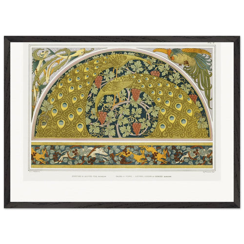 Poissons et algues, coq, écoinçon; paons et vigne; lièvres, chiens et ronces, bordure from L'animal dans la décoration (1897) by Maurice Pillard Verneuil. Archival Print on Museum Quality Matte Paper. Premium Wood Framed Wall Art. Original Aspect Ratio