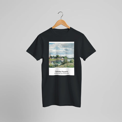 The River Oise near Pontoise (1873) by Camille Pissarro. Custom Print on a 100% Airlume Combed and Ring-Spun Cotton Unisex Crewneck T-shirt Optimised Aspect Ratio.