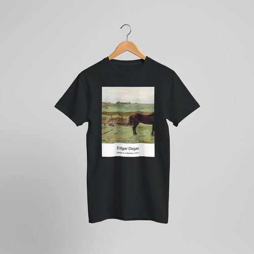 Horse in a Meadow (1871) by Edgar Degas. Custom Print on a 100% Airlume Combed and Ring-Spun Cotton Unisex Crewneck T-shirt Optimised Aspect Ratio.