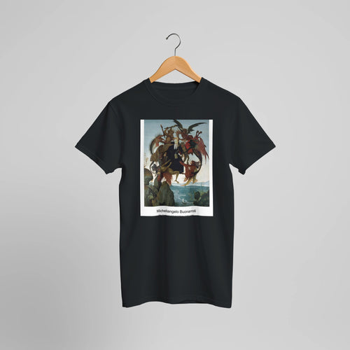 The Torment of Saint Anthony (1487-1488) by Michelangelo Buonarroti. Custom Print on a 100% Airlume Combed and Ring-Spun Cotton Unisex Crewneck T-shirt Optimised Aspect Ratio.