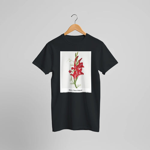 Cannas and Cypress Vine (Canna species and Ipomoea quamoclit) (1877) by Mary Vaux Walcott. Custom Print on a 100% Airlume Combed and Ring-Spun Cotton Unisex Crewneck T-shirt Optimised Aspect Ratio.