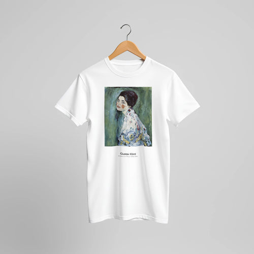 Porträt einer Dame (1916-1917) by Gustav Klimt. Custom Print on a 100% Airlume Combed and Ring-Spun Cotton Unisex Crewneck T-shirt Original Aspect Ratio