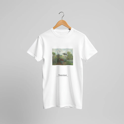 The Artist's Garden in Argenteuil (1873) by Claude Monet. Custom Print on a 100% Airlume Combed and Ring-Spun Cotton Unisex Crewneck T-shirt Original Aspect Ratio