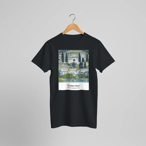 Kirche in Cassone (1913) by Gustav Klimt. Custom Print on a 100% Airlume Combed and Ring-Spun Cotton Unisex Crewneck T-shirt Optimised Aspect Ratio.