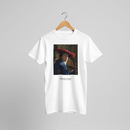 Girl with the Red Hat (ca. 1665-1666) by Johannes Vermeer. Custom Print on a 100% Airlume Combed and Ring-Spun Cotton Unisex Crewneck T-shirt Original Aspect Ratio