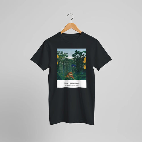 The Repast of the Lion (1907) by Henri Rousseau. Custom Print on a 100% Airlume Combed and Ring-Spun Cotton Unisex Crewneck T-shirt Optimised Aspect Ratio.