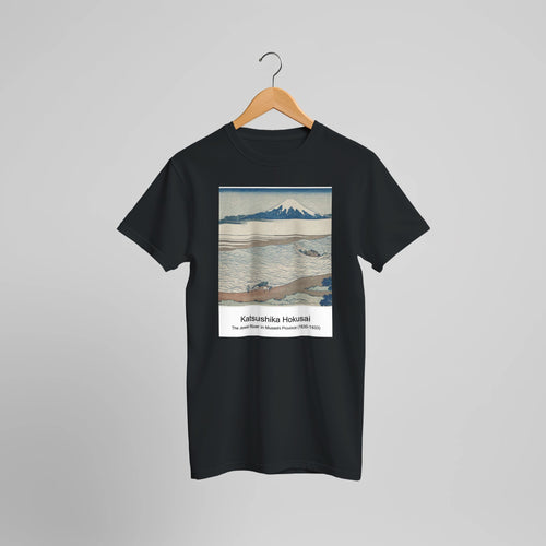 The Jewel River in Musashi Province (1830-1833) by Katsushika Hokusai. Custom Print on a 100% Airlume Combed and Ring-Spun Cotton Unisex Crewneck T-shirt Optimised Aspect Ratio.