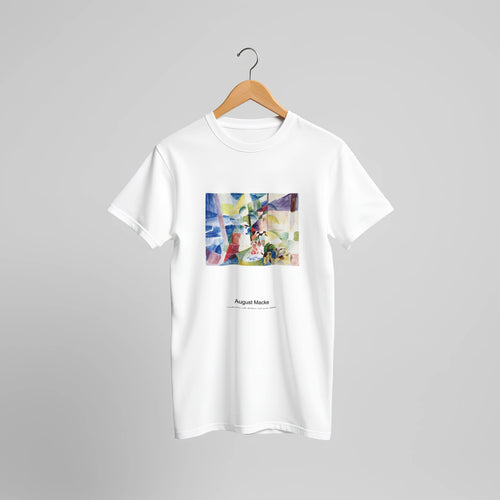 Landscape with children and goats (1913) by August Macke. Custom Print on a 100% Airlume Combed and Ring-Spun Cotton Unisex Crewneck T-shirt Original Aspect Ratio
