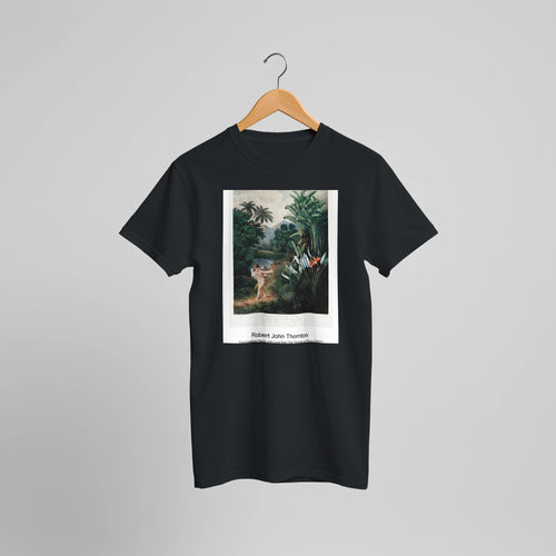 The Night-Blowing Cereus from The Temple of Flora (1807) by Robert John Thornton. Custom Print on a 100% Airlume Combed and Ring-Spun Cotton Unisex Crewneck T-shirt Optimised Aspect Ratio.