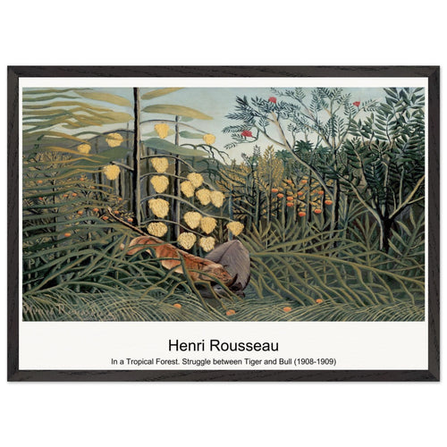 In a Tropical Forest. Struggle between Tiger and Bull (1908-1909) by Henri Rousseau. Archival Print on Museum Quality Matte Paper. Premium Wood Framed Wall Art. Optimised Aspect Ratio.