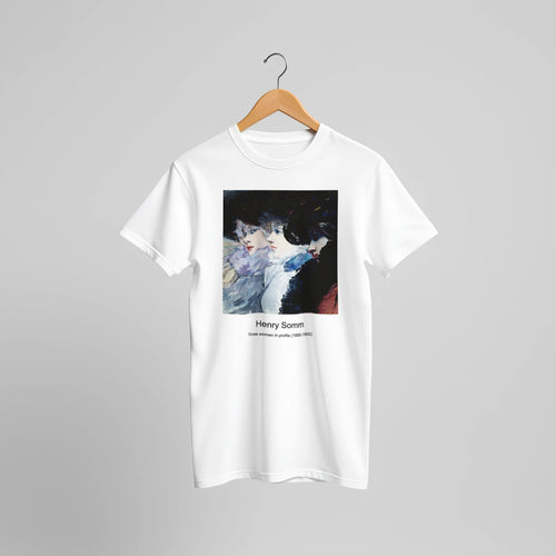 Three women in profile (1890-1900) by Henry Somm. Custom Print on a 100% Airlume Combed and Ring-Spun Cotton Unisex Crewneck T-shirt Original Aspect Ratio