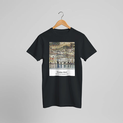 Malcesine am Gardasee (1913) by Gustav Klimt. Custom Print on a 100% Airlume Combed and Ring-Spun Cotton Unisex Crewneck T-shirt Optimised Aspect Ratio.
