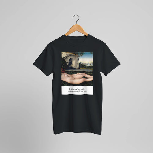 The Nymph of the Spring (after 1537) by Lucas Cranach. Custom Print on a 100% Airlume Combed and Ring-Spun Cotton Unisex Crewneck T-shirt Optimised Aspect Ratio.