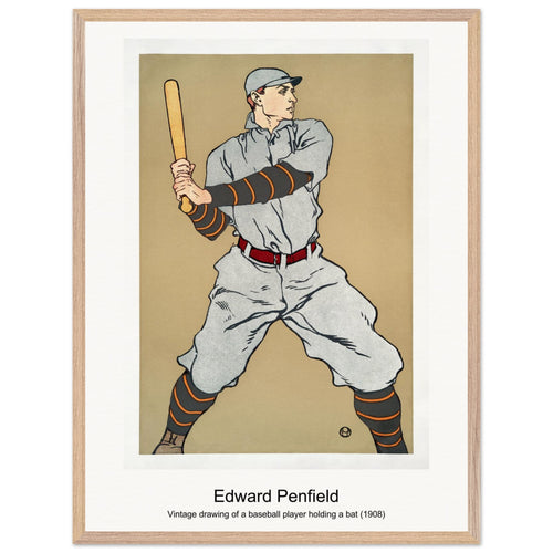 Vintage drawing of a baseball player holding a bat (1908) by Edward Penfield. Archival Print on Museum Quality Matte Paper. Premium Wood Framed Wall Art. Optimised Aspect Ratio.