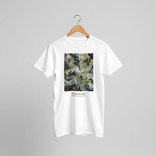 Wheat field with View of Arles (1888) by Vincent van Gogh. Custom Print on a 100% Airlume Combed and Ring-Spun Cotton Unisex Crewneck T-shirt Original Aspect Ratio