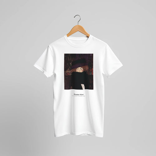 Dame mit Hut und Federboa (1909) by Gustav Klimt. Custom Print on a 100% Airlume Combed and Ring-Spun Cotton Unisex Crewneck T-shirt Original Aspect Ratio
