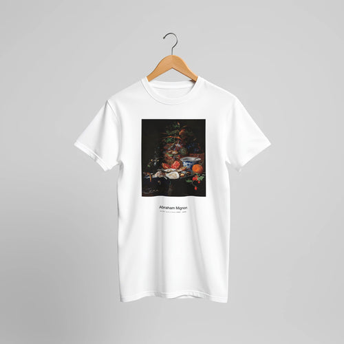 Fruits and oysters (1660 - 1679) by Abraham Mignon. Custom Print on a 100% Airlume Combed and Ring-Spun Cotton Unisex Crewneck T-shirt Original Aspect Ratio