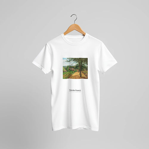 Orchards at Louveciennes (1872) by Camille Pissarro. Custom Print on a 100% Airlume Combed and Ring-Spun Cotton Unisex Crewneck T-shirt Original Aspect Ratio