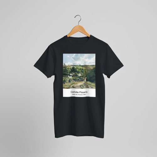 Jalais Hill, Pontoise (1867) by Camille Pissarro. Custom Print on a 100% Airlume Combed and Ring-Spun Cotton Unisex Crewneck T-shirt Optimised Aspect Ratio.