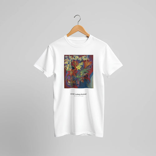 Still Life with Lilies (1917) by Ernst Ludwig Kirchner. Custom Print on a 100% Airlume Combed and Ring-Spun Cotton Unisex Crewneck T-shirt Original Aspect Ratio