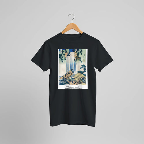 Yoro Waterfall in Mino Province (1833-1834) by Katsushika Hokusai. Custom Print on a 100% Airlume Combed and Ring-Spun Cotton Unisex Crewneck T-shirt Optimised Aspect Ratio.