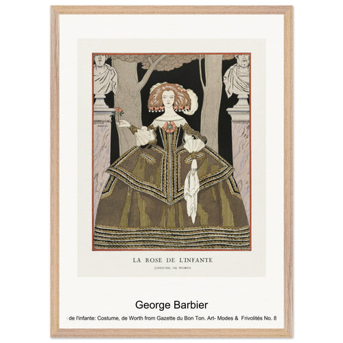 La rose de l'infante: Costume, de Worth from Gazette du Bon Ton. Art- Modes & Frivolités No. 8 (1924) by George Barbier. Archival Print on Museum Quality Matte Paper. Premium Wood Framed Wall Art. Original Aspect Ratio