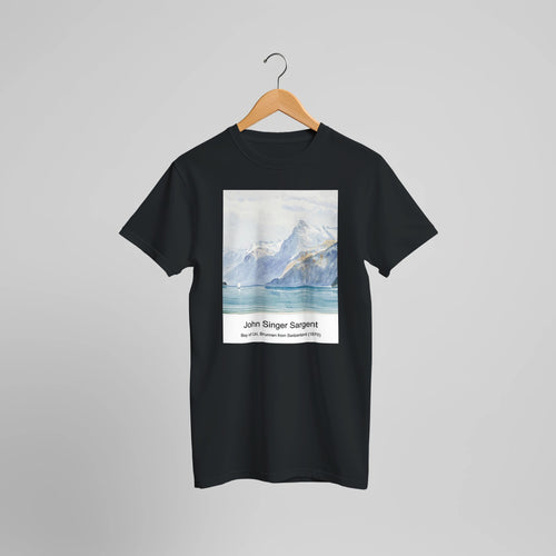 Bay of Uri, Brunnen from Switzerland (1870) by John Singer Sargent. Custom Print on a 100% Airlume Combed and Ring-Spun Cotton Unisex Crewneck T-shirt Optimised Aspect Ratio.