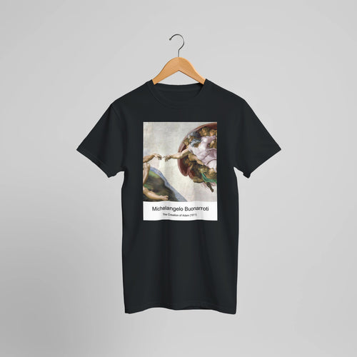 The Creation of Adam (1511) by Michelangelo Buonarroti. Custom Print on a 100% Airlume Combed and Ring-Spun Cotton Unisex Crewneck T-shirt Optimised Aspect Ratio.