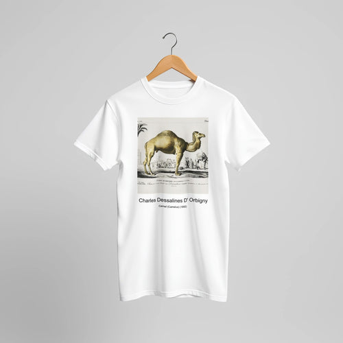 Camel (Camelus) (1892) by Charles Dessalines D' Orbigny. Custom Print on a 100% Airlume Combed and Ring-Spun Cotton Unisex Crewneck T-shirt Original Aspect Ratio