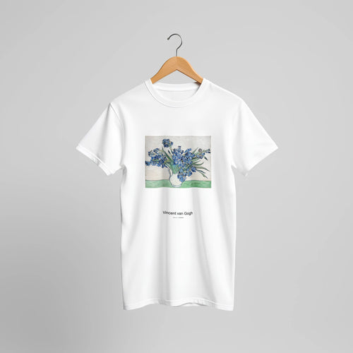 Irises (1890) by Vincent van Gogh. Custom Print on a 100% Airlume Combed and Ring-Spun Cotton Unisex Crewneck T-shirt Original Aspect Ratio