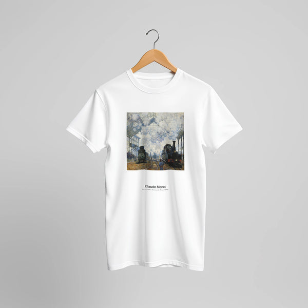 Arrival of the Normandy Train (1877) by Claude Monet. Custom Print on a 100% Airlume Combed and Ring-Spun Cotton Unisex Crewneck T-shirt Original Aspect Ratio