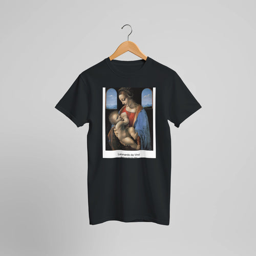 Madonna Litta (mid 1490s) by Leonardo da Vinci. Custom Print on a 100% Airlume Combed and Ring-Spun Cotton Unisex Crewneck T-shirt Optimised Aspect Ratio.