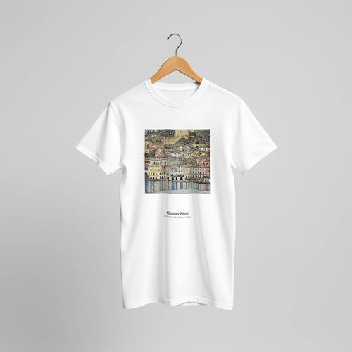 Malcesine am Gardasee (1913) by Gustav Klimt. Custom Print on a 100% Airlume Combed and Ring-Spun Cotton Unisex Crewneck T-shirt Original Aspect Ratio