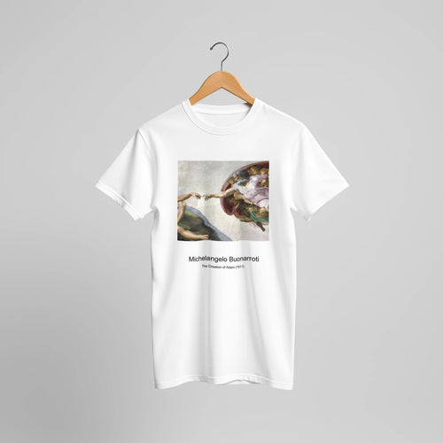 The Creation of Adam (1511) by Michelangelo Buonarroti. Custom Print on a 100% Airlume Combed and Ring-Spun Cotton Unisex Crewneck T-shirt Original Aspect Ratio