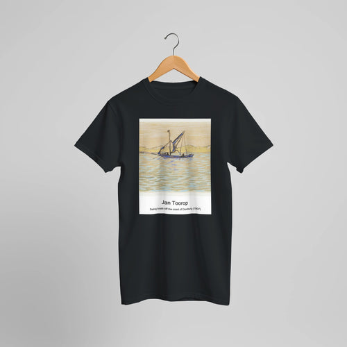 Sailing boats off the coast of Domburg (1907) by Jan Toorop. Custom Print on a 100% Airlume Combed and Ring-Spun Cotton Unisex Crewneck T-shirt Optimised Aspect Ratio.